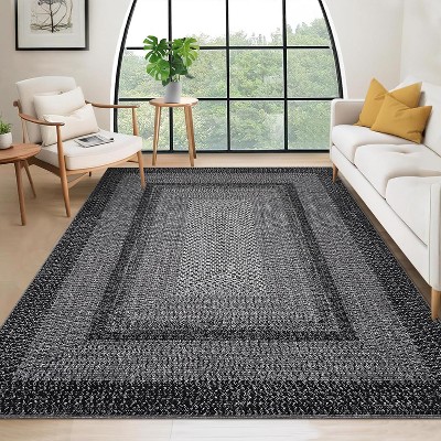 Area Rug Braided Printed Throw, Non-Slip Low Pile Accent Carpet, Foldable Soft Floor Cover for Bedroom or Living Room, Mocha