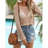 Women's Knit Top Round Neck Long Sleeve Short Crop Shirt Mesh Crochet Cover Ups - 3 of 4