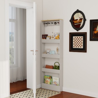 MOEPISY Behind The Door 69inches Tall Bookcase with 4 Shelves and 5 hooks, Wall Mounted Space-Saving Narrow Storage Cabinet