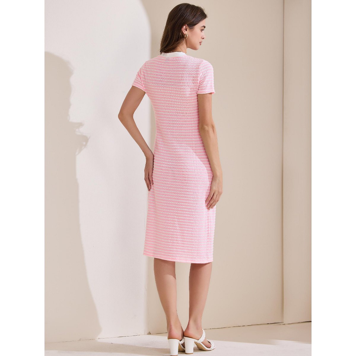 Женские платья INSPIRE CHIC Women's Button Down V-Neck Short Sleeve Striped Ribbed Knit Midi Dresses X-Small Pink — фото 4
