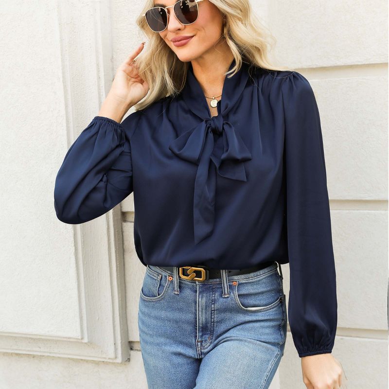 Women's Satin Long Sleeve Bow Tie Blouse - Cupshe, 2 of 10