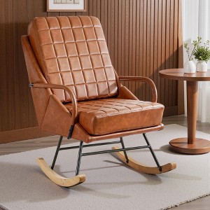VECELO Upholstered Faux Leather/Teddy Fabric Rocking Chair Modern Lounge Rocker Recliner with Padded Seat, Safe Solid Wood Base White/Brown - 1 of 4