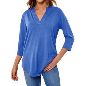 Nlife Women V Neck Solid Color Blouses Relaxed Fit 3/4 Sleeve Curved Hem Tunics Tops - 1 of 4