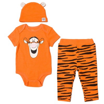 Image of Disney Winnie the Pooh Tigger Newborn Baby Boy or Girl 3 Piece Outfit Set: Cuddly Bodysuit Pants Hat Orange 0-3 Months