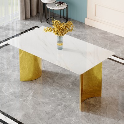 FURNIinspire Dining Tables Modern Rectangular Marble Look Table with Gold Legs for Dining and Living Room, White, 63"*35.4"*30"