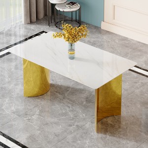 FURNIinspire Dining Tables Modern Rectangular Marble Look Table with Gold Legs for Dining and Living Room, White, 63"*35.4"*30" - 1 of 4