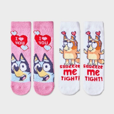 Women's Bluey Valentine's Day Tear & Share 2pk Cozy Crew Socks - Pink/White 4-10