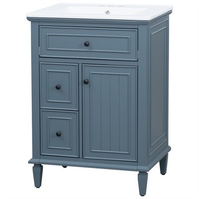 Tramull Bathroom Vanity with Sink, Solid Wood Frame, Flip Drawer & 2 Side Drawers, Adjustable Shelf