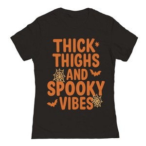 Rerun Island Women Thick Thighs Spooky Vibes Webs Short Sleeve Graphic Cotton T-Shirt - 1 of 4