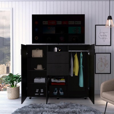 Black Double-Door Cabinet Dresser with Casters
