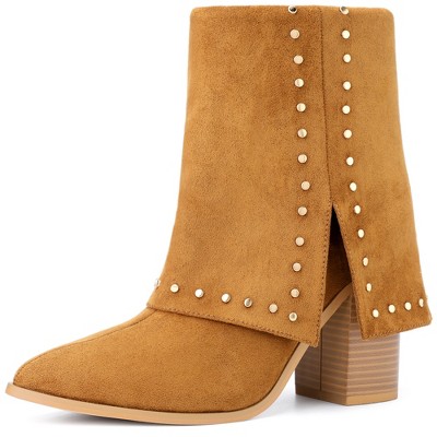 BLISSFUL STEP Women's Block Heel Fold Over Pointy Toe Studded Mid-Calf Boots