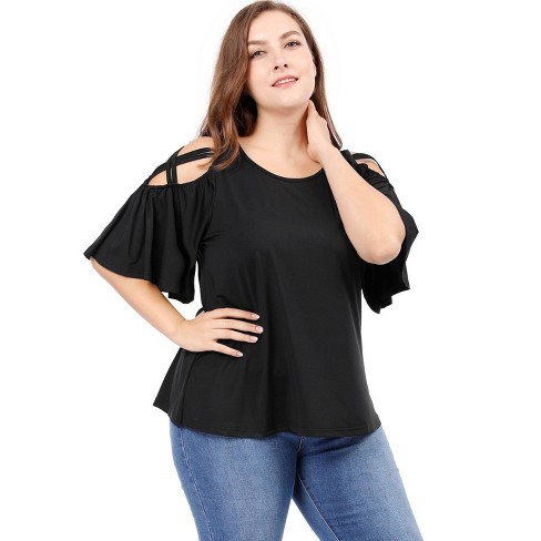 dobbelt slange Opfattelse Agnes Orinda Women's Plus Size Fashion Cold Shoulder Ruffle Trumpet Sleeve  Top Black 3x : Target