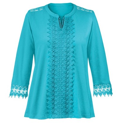 Collections Etc Lace Bodice and Trim V-Neck Long Sleeve Top