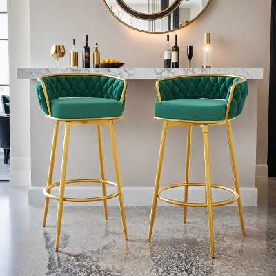 Swivel Counter Height Bar Stools Set of 2,31.5"Bar Height Stools with Hand-Woven Backrest & Gold Metal Legs - Leovsnove