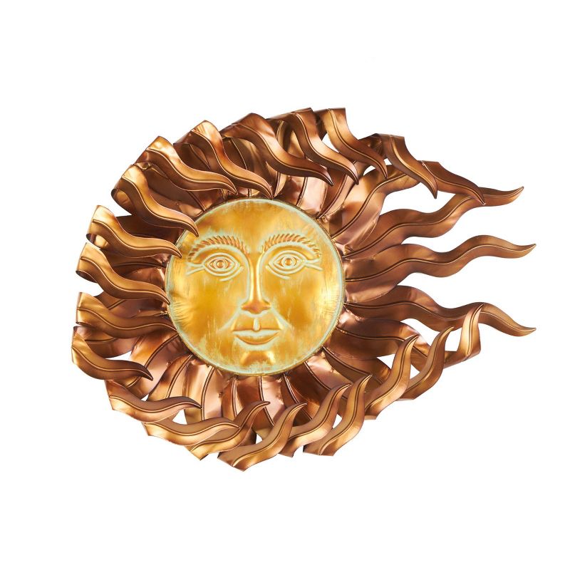 Olivia &#38; May 24&#34;x30&#34; Metal Sun Wall Decor with Gold Sun Face and Folded Wavy Rays Copper, 1 of 9