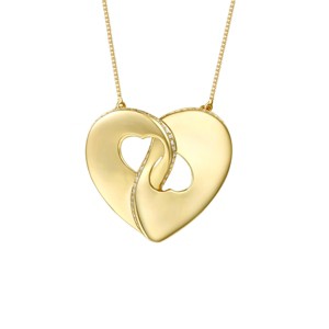 Guili 14K Gold Plated Necklace with Cubic Zirconia, featuring a Modern Double Heart with Half Cut-Out Design for a contemporary look. - 1 of 3