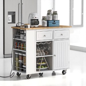 Rolling Kitchen Island Cart with USB, Drop Leaf, Wine Rack, Rubberwood Top, Adjustable Storage and Lockable Wheels for Dining Room - 1 of 4