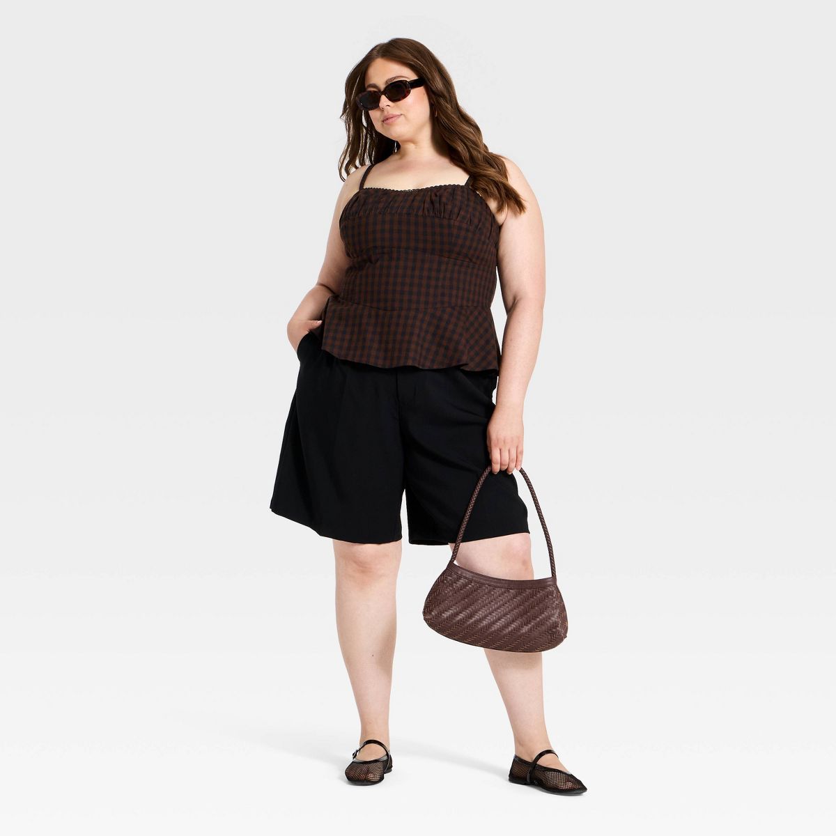 Women's Corset Trim Tank Top - A New Day™ Black/Brown Check - thumbnail 6