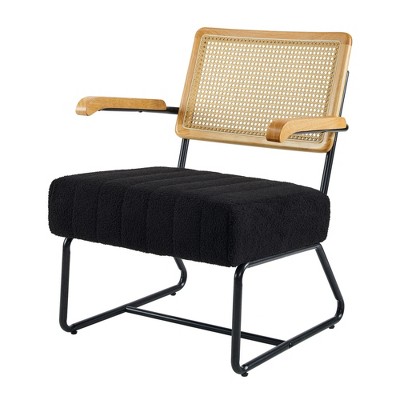 Beautyolove Mid-Century Black Faux Lambskin Burlywood Arm Upholstered Accent Chair Armchair