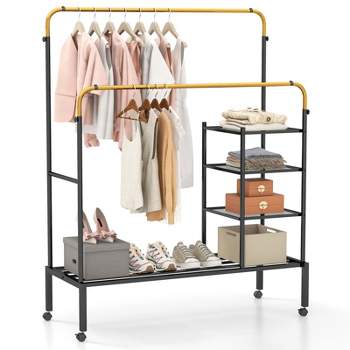 Tangkula Double Rods Garment Rack Clothes Drying Rack w/ 2 Hanging Height Adjustable Rods 4 Universal Wheels Gold/Silver