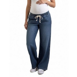 Women's Under the Belly Tie Waist Denim Wide Leg Pant | Motherhood Maternity - 1 of 4
