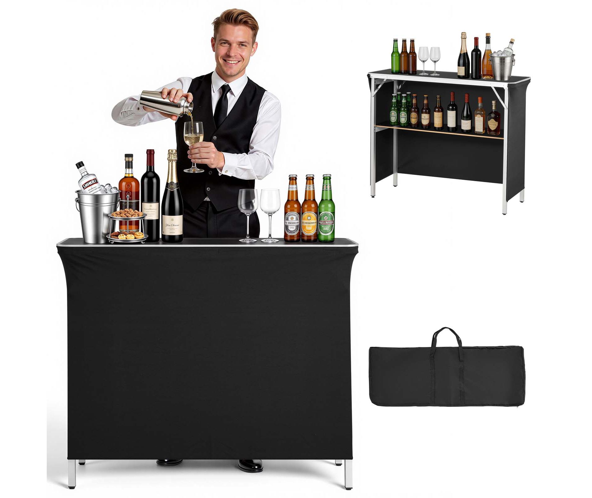 VEVOR Folding Portable Bar Table, 43.3 x 15.2 x 34.8 in, with Carry Bag, Storage Shelf, and Detachable Skirt, Quick and Easy Setup, Foldable, Black