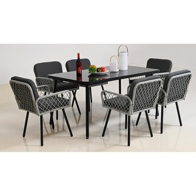 7-Piece Outdoor Dining Set: 59" Glass Table & 6 Rattan Chairs - Black/White