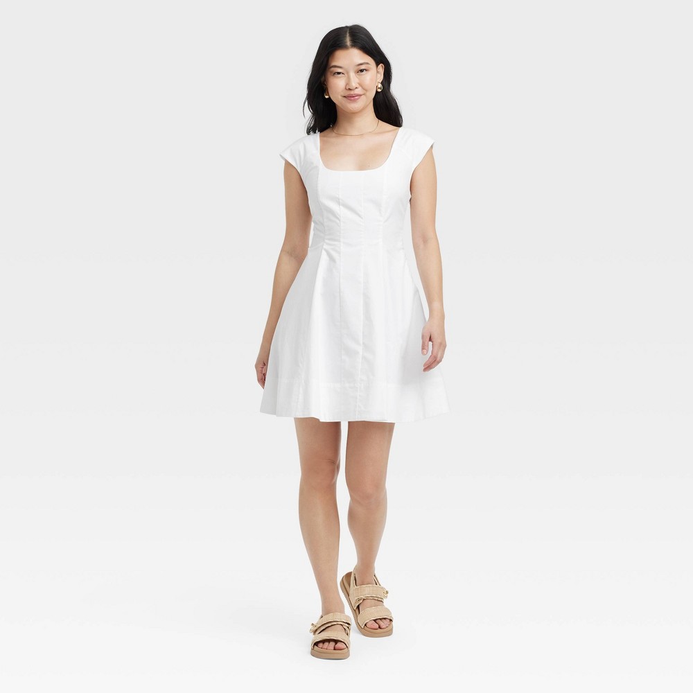 Women's Corset Woven Mini A-Line Dress - A New Day™ White 10: Cotton Poplin, Squareneckline, Sleeveless, Side Zipper