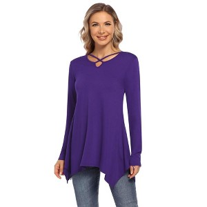 Women's Long Swing Tunic Blouses Long Sleeve Tshirts Casual Flowy Dressy Tops for Leggings Blouse - 1 of 4