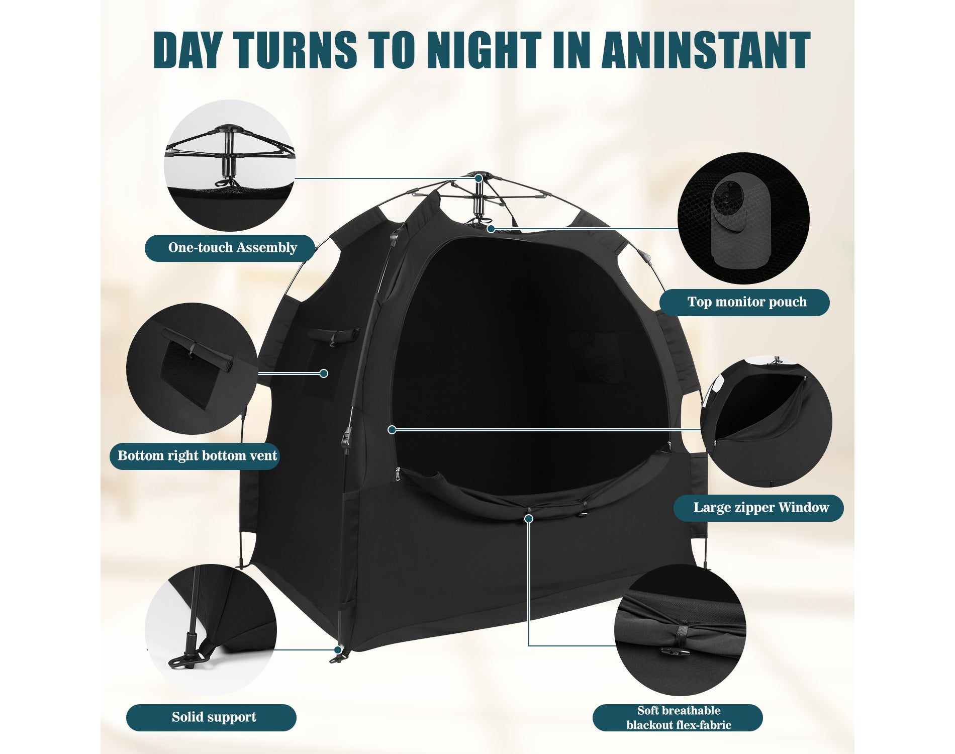 AMMER Blackout Tent for Pack N Play, Baby Sleep Pod & Crib Canopy, 95% Light Blocking, Breathable Travel Crib Cover, Easy Setup