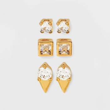 14K Gold Plated Cubic Zirconia Trio Stud Earring Set 3pc - A New Day™ Gold
