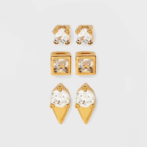 Earring Posts, 24K Gold Plated, Cubic Zirconia