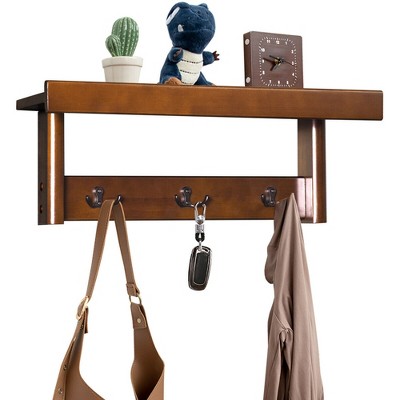 Costway Entryway Hanging Wood Coat Rack Wall Mounted Upper Shelf w/ 3 Double Hooks Brown