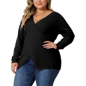 Agnes Orinda Women's Plus Size Knit Deep V Neck Wrap Curvy Pullover Sweaters - 1 of 4