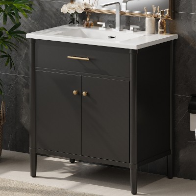 Grungis Freestanding Bathroom Vanity with Sink and Rubber Legs,Modern Cabinet with Soft Close Doors and Adjustable Shelf