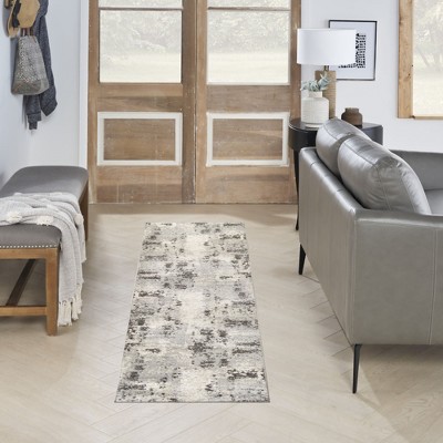 Ivory Grey Abstract Synthetic Runner Rug 2'2" x 7'6"