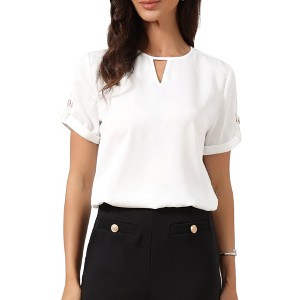 INSPIRE CHIC Women's Work Crew Neck Eyelet Solid Color Short Sleeve Chiffon Casual Blouses - 1 of 4