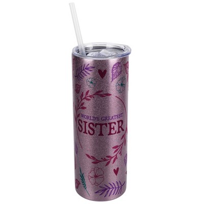 Elanze Designs Floral Rose Gold 20 Ounce Double Wall Stainless Steel Glitter Travel Tumbler With Sliding Lid And Straw, World's Greatest Sister