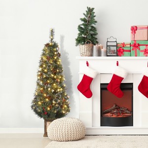 Artificial Christmas Tree, 4.5 Ft Pre-Lit Snow Flocked Christmas Tree, Potted Holiday Xmas Tree, Red Berry Clusters for Home Decoration - 1 of 4