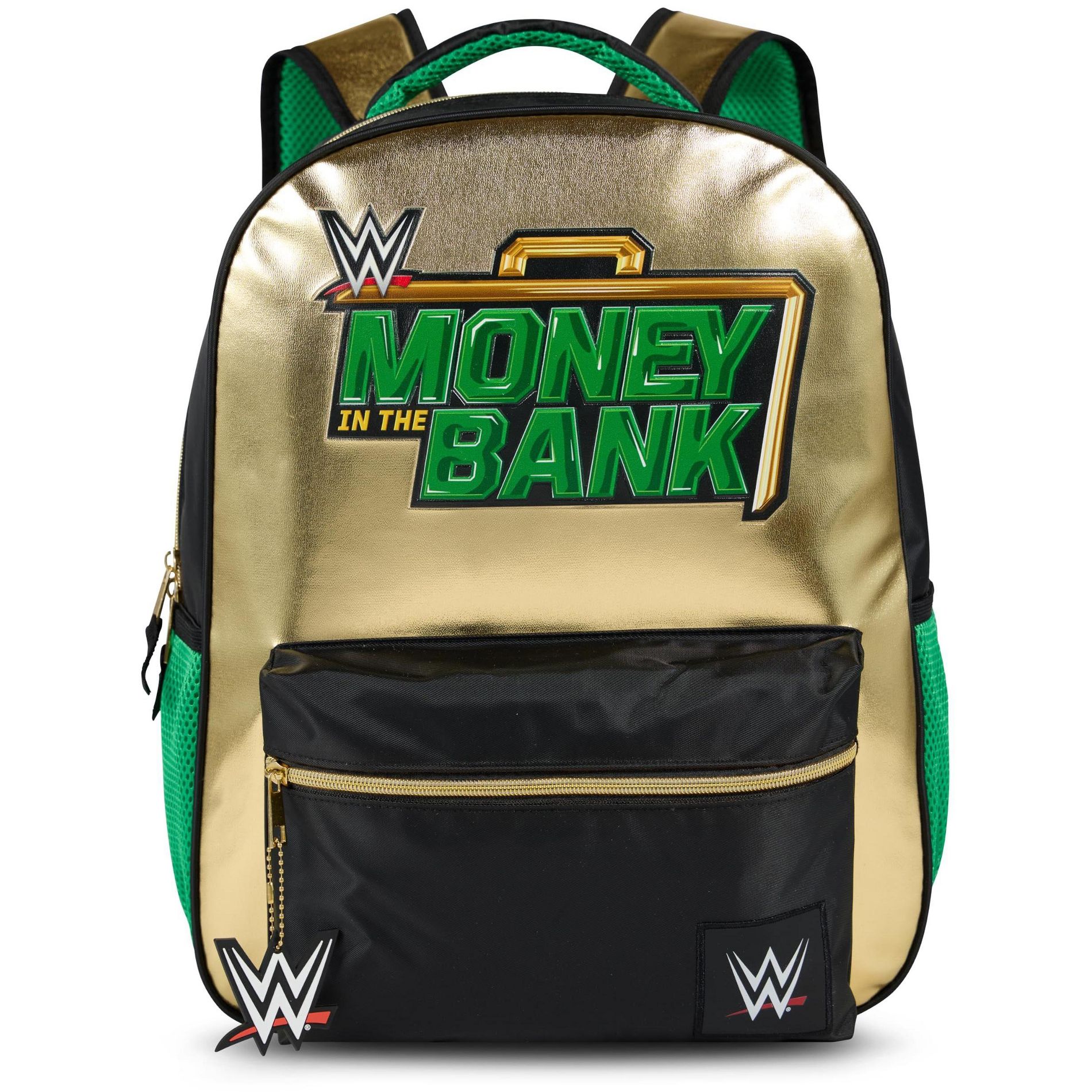WWE Money in the Bank Backpack for Kids & Adults, 16” Wrestling Bookbag with Rubber Molded Logo Dangle, Gold