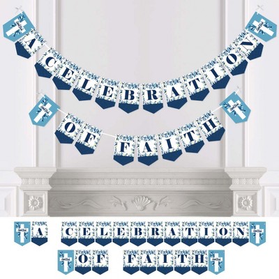 Big Dot of Happiness Blue Elegant Cross - Boy Religious Party Bunting Banner - Party Decorations - A Celebration of Faith