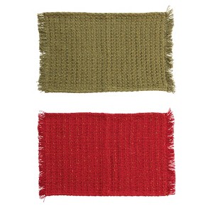 Storied Home Woven Cotton Placemat with Metallic Gold Thread and Fringe, Green and Red, Set of 2 - 1 of 1