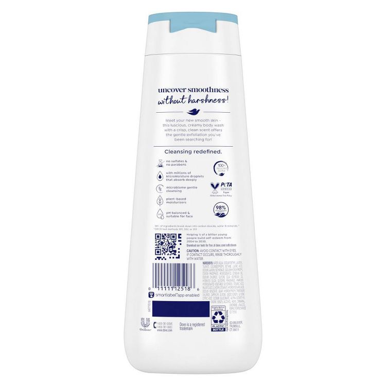 A plain shot of the back of the Dove Deep Moisture Body Wash. The packaging is white with blue accents, featuring claims like "100% recycled bottle," "PETA certified," and "98% biodegradable formula." Text is in blue and black. 