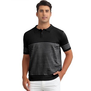 INSPIRE CHIC Men's Regular Fit Short Sleeves Button Down Collared Casual Knit Striped Polo Shirt - 1 of 4