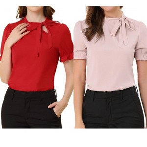 Allegra K Women's Elegant Bow Tie Neck Elastic Cuffs Office Short Sleeve Blouse 2 Pcs - 1 of 4