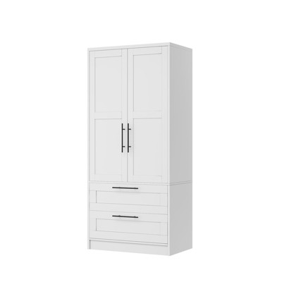 Wooden Armoire Wardrobe Closet with 2 Drawers, 70 "Tall Clothing Storage Cabinet with 2 Doors, Modern Bedroom Clothing Armoires with Hanging Rods