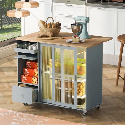 LED Kitchen Island with Foldable Leaf, Glass Doors, and Rollers