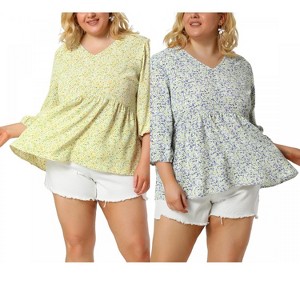 Women's Plus Size 2 Pieces V Neck Babydoll 3/4 Sleeve Pleat Floral Flowy Blouses - Agnes Orinda - 1 of 4