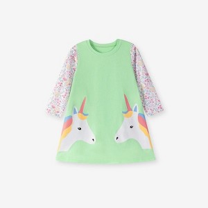 MyKids-Usa Autumn and Spring Arrival Unicorn and Flowers Pattern Long Sleeves Color Patchwork Dress for Stylish Girls - 1 of 4