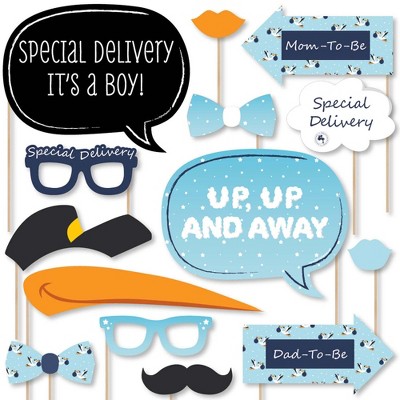 Big Dot of Happiness Boy Special Delivery - Blue It's a Boy Stork Baby Shower Photo Booth Props Kit - 20 Count